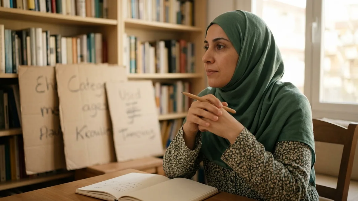 امرأة مسلمة تتأمل أولوياتها في الزواج وبجوارها دفتر.