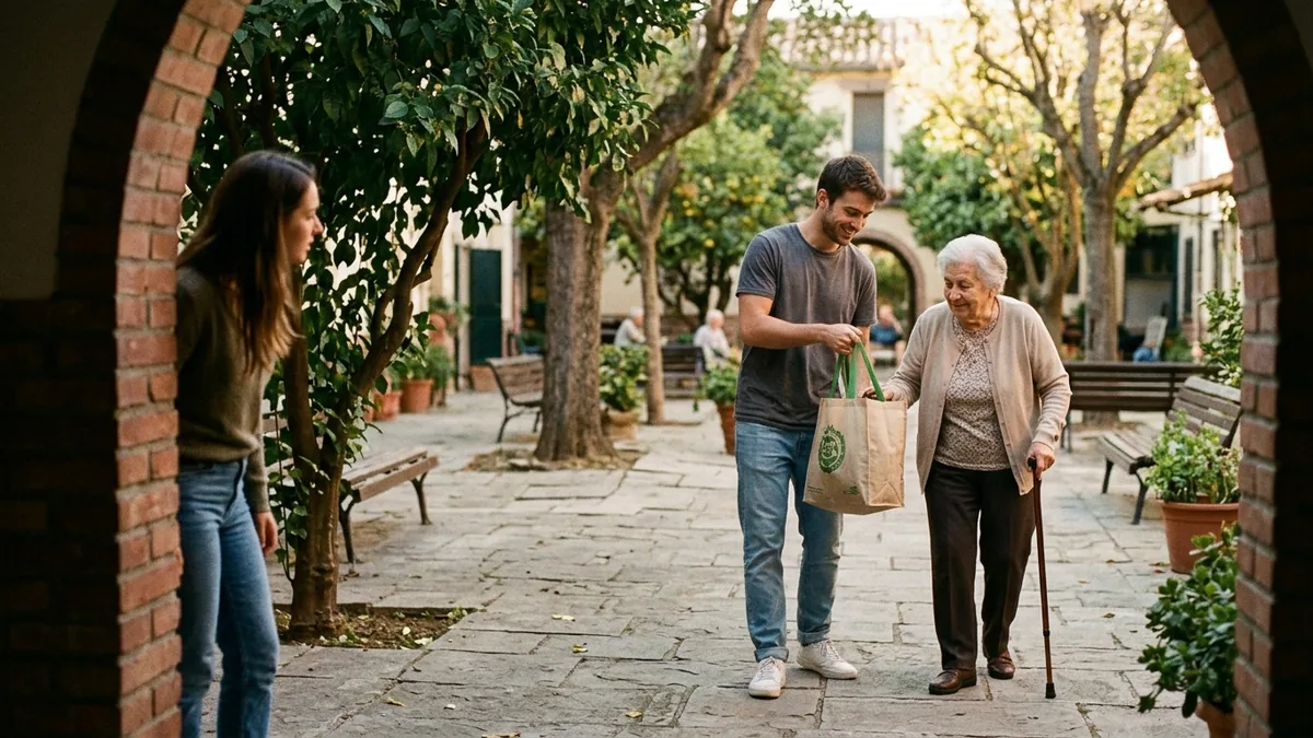 A young man carrying a shopping bag gently helps an elderly woman with a walking cane across a sunlit courtyard, while a young woman looks on from a brick archway.