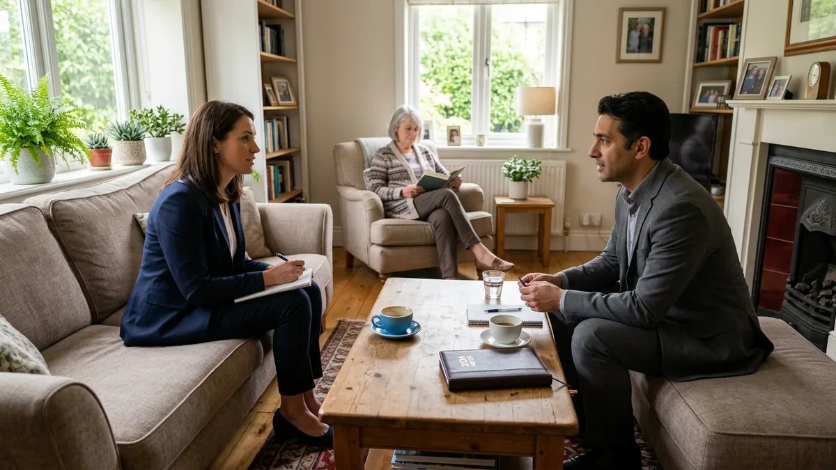A man and a woman sit across a low table in a living room engaged in a serious conversation, while an older woman reads quietly in an armchair in the background.