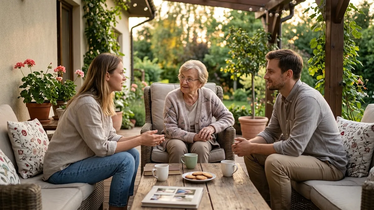 A young man and woman sit on a garden patio in conversation with an older woman between them acting as a chaperone, tea and biscuits on the table.