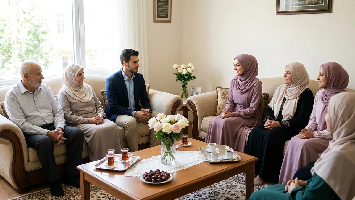 Two families sit facing each other in a living room for a formal gathering, older and younger members together, with tea glasses, dates and roses on the table.