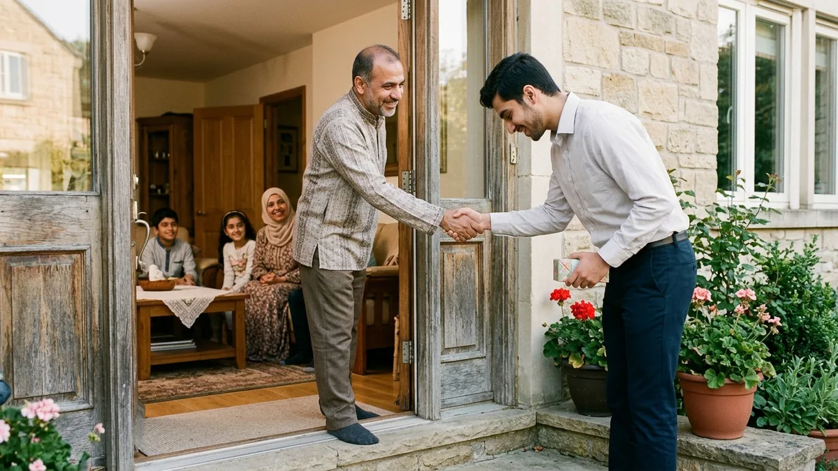 رجل أكبر سنًّا يقف عند باب البيت يصافح شابًّا في الخارج، بينما تجلس الأسرة مبتسمة داخل غرفة المعيشة.