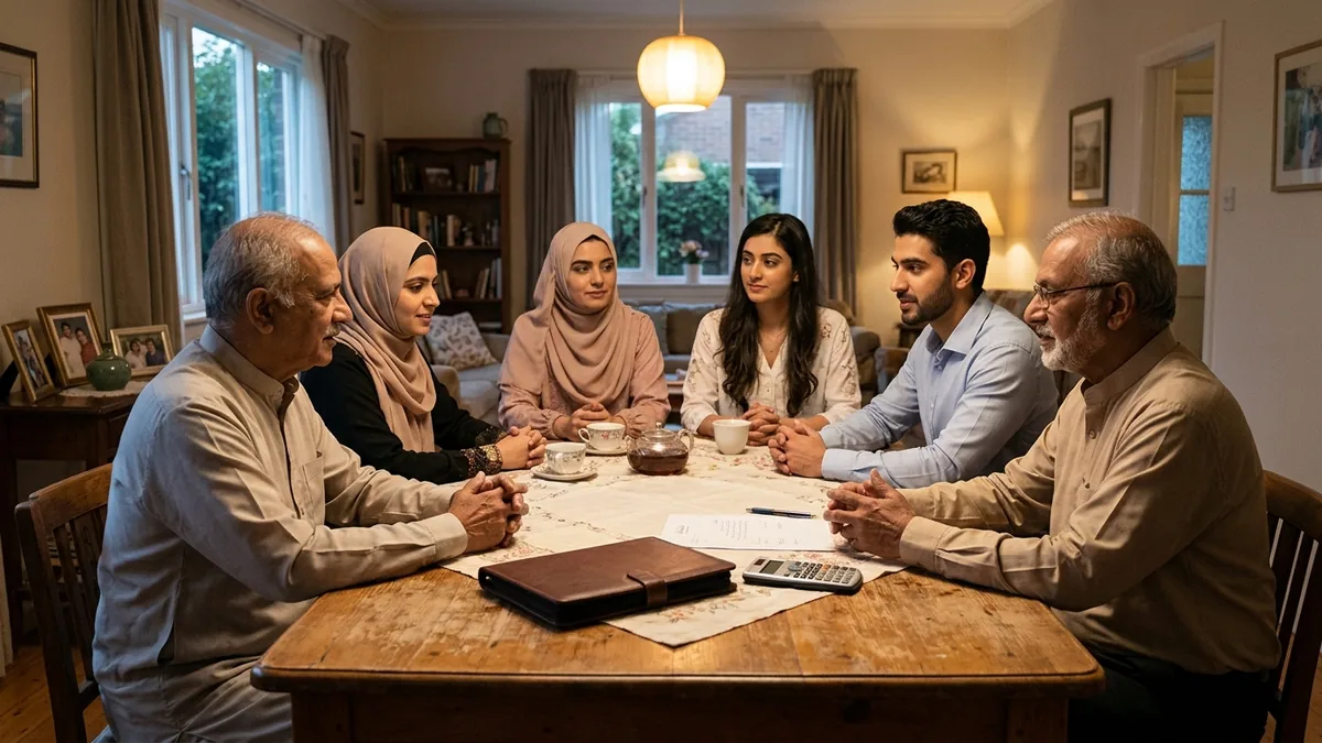 A multi-generational Muslim family sits around a dining table in the evening discussing finances, with a leather folder, a calculator and papers on the table.