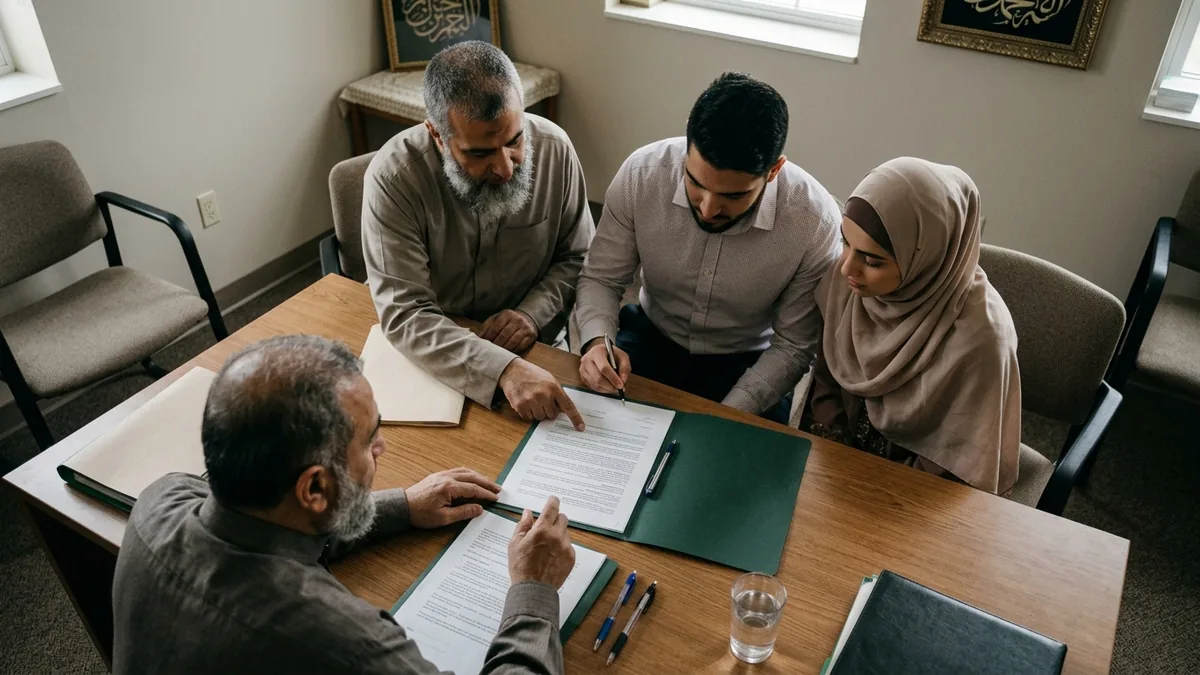 لقطة علوية لتوقيع عقد نكاح على طاولة؛ شابٌّ يوقّع وثيقةً في ملفٍّ أخضر بينما تنظر شابّةٌ محجّبة ورجلان كبيران، في غرفةٍ على جدرانها خطٌّ عربي.