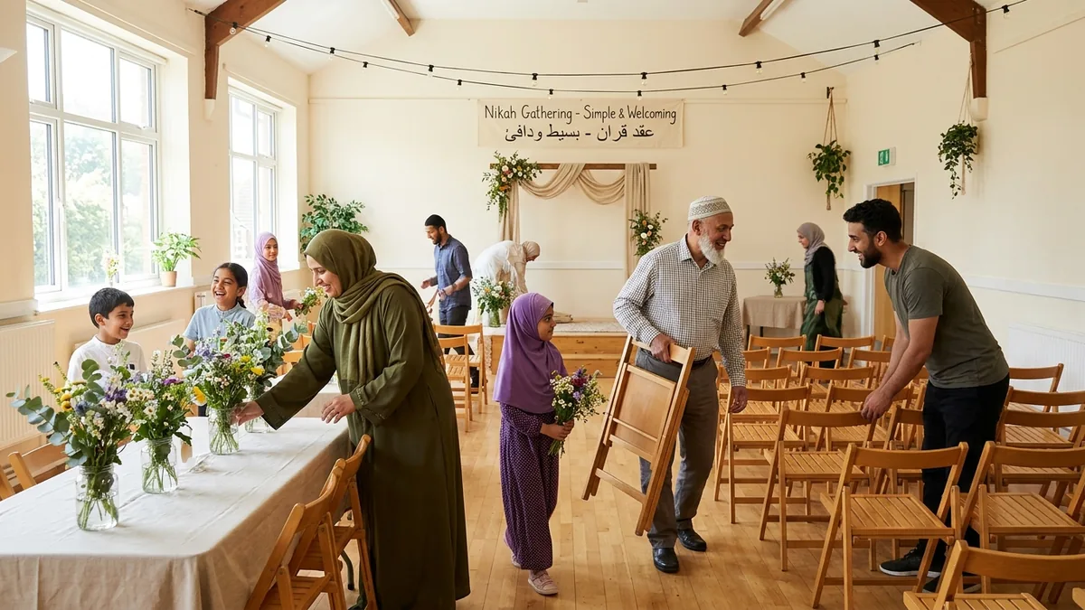 Extended family members preparing a simple nikah hall together, arranging chairs and flowers before a modest wedding gathering.