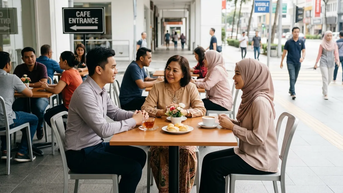 خاطبان يتحاوران مع امرأة كبيرة موثوقة على طاولة مقهى في ممر خارجي مزدحم، بينما يتحرك الناس من حولهم.