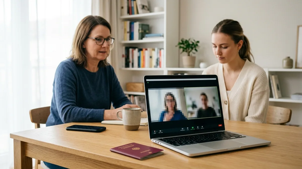 Two women at a wooden table reviewing identity details on a laptop, a phone and a passport while a video call runs in the background.