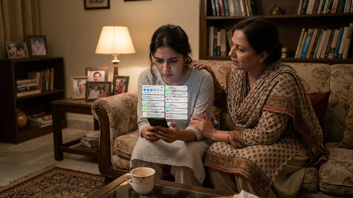 An adult in modest clothing reading a relocation or job offer on a phone while discussing the decision with a trusted older family member at home.