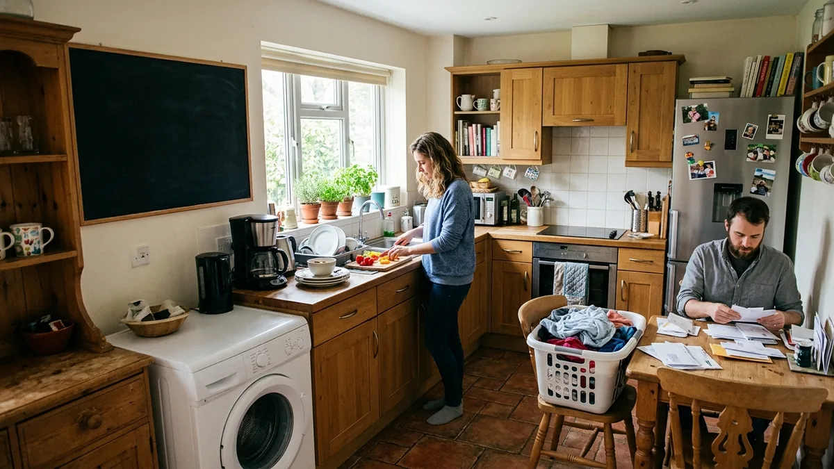 A newlywed couple sharing household work in a small kitchen — one preparing vegetables at the counter while the other sorts paperwork at the table beside a laundry basket.
