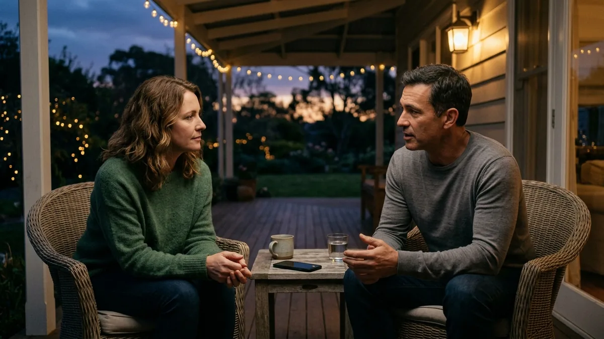A married couple sitting close on a porch at dusk, talking through a tense, quiet disagreement over cups of tea.