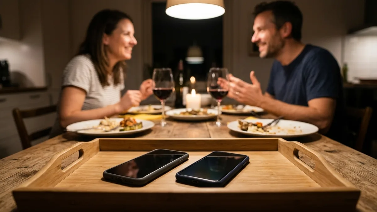 A couple share a candlelit dinner, smiling in conversation, with their two smartphones placed face-down on a wooden tray in the foreground.