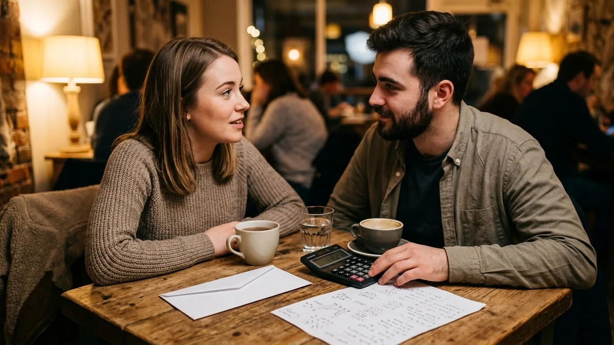A Muslim couple sitting across a cafe table with a calculator, an envelope, coffee cups and handwritten budget notes while they talk seriously about debt and repayment.