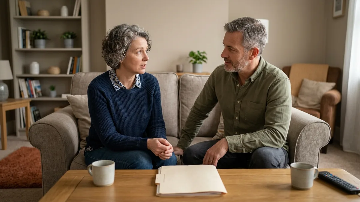 A family gathered around a dining table in a quiet, serious conversation, with plates and cups set aside while a difficult marriage-related disclosure is being discussed.