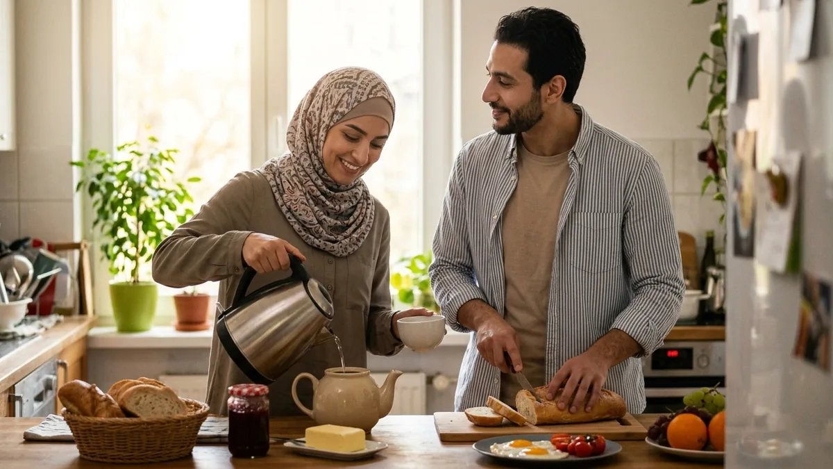 زوجان مسلمان يجهزان الإفطار معًا في مطبخٍ مضاءٍ جيدًا، وعلى الطاولة إبريق شاي وخبز ومربى وفواكه، ويبدوان في حديثٍ صباحي هادئ.